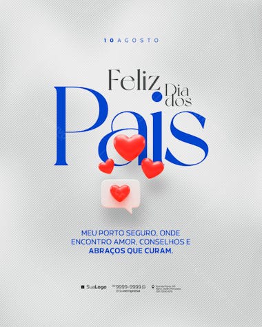 Clean and modern Father's Day flyer design. Featuring 3D hearts, elegant typography in blue and red. Perfect for businesses to honor fathers with a heartfelt and sophisticated message. Target audience: businesses of all sizes.