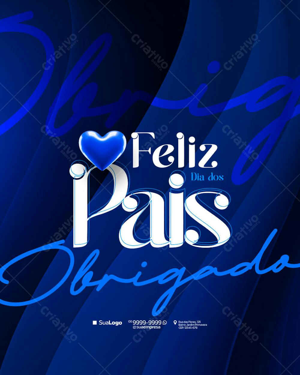 Elegant Father's Day flyer template in dark blue and white. Modern design featuring a 3D blue heart and stylish typography. Perfect for social media posts, print materials, and promotional campaigns for businesses celebrating fathers.