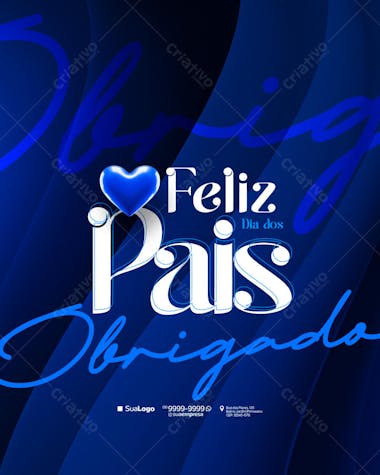 Elegant Father's Day flyer template in dark blue and white. Modern design featuring a 3D blue heart and stylish typography. Perfect for social media posts, print materials, and promotional campaigns for businesses celebrating fathers.