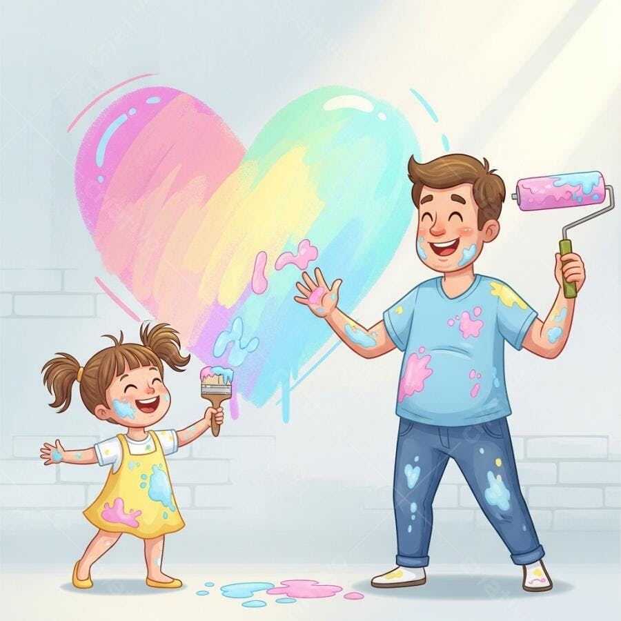 Pai e filha pintando coração arco-íris