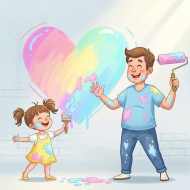 Ilustração colorida de pai e filha pintando um grande coração com cores pastel em uma parede de tijolos. Cores vibrantes, clima alegre e divertido. Estilo de desenho animado.