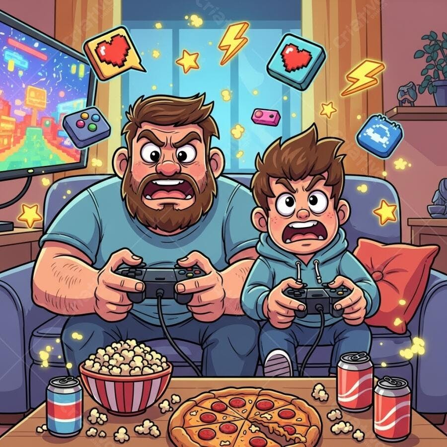 Pai e filho jogando videogame com pizza e refrigerante