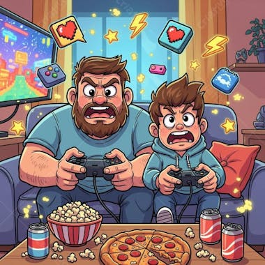 Ilustração estilo cartoon de um pai e seu filho jogando videogame no sofá da sala. Cores vibrantes, tons azuis e vermelhos predominam. A cena mostra muita emoção e competição, com pizza, pipoca e refrigerante na mesa de centro. Atmosfera divertida e familiar.