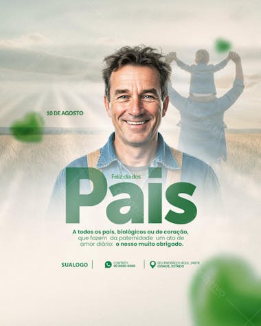 Father's Day flyer featuring green and blue tones, a photo of a father and son in a field, rustic style, and a heartfelt message. Perfect for businesses to honor fathers, targeting a family-oriented and emotional audience.