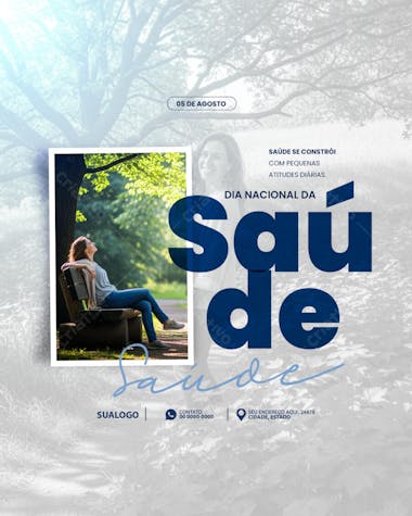 Flyer for National Health Day (August 5th), featuring a clean design with navy blue and white colors.  Depicts a relaxed woman in a park, conveying calmness and well-being.  Perfect for clinics, health professionals, and awareness campaigns.