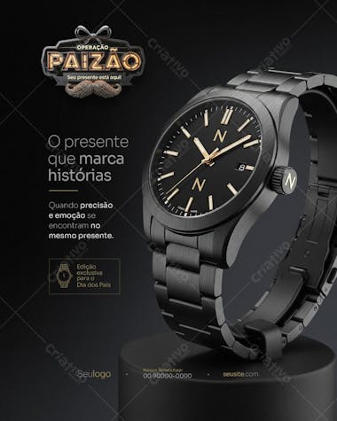 Elegant black-themed Father's Day flyer featuring a sophisticated men's watch. Perfect for marketing campaigns by jewelers, department stores, and e-commerce businesses. Premium and minimalistic design.