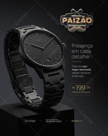 Elegant black and brushed steel men's watch PSD for Father's Day. Perfect for advertising campaigns, social media, and e-commerce. Target audience: men, watch shops, online stores.