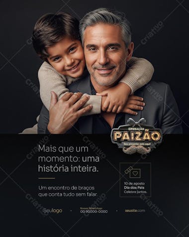 Editable PSD flyer perfect for Father's Day promotions. Features a heartwarming image of a father and son in dark, neutral tones.  Ideal for businesses and campaigns aiming for a warm, family-oriented feel.  Easily customizable for your brand.