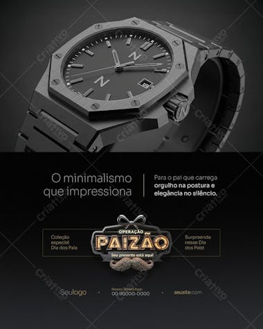 Father's Day banner template featuring a sophisticated men's watch in dark tones. Minimalist and elegant design, perfect for social media and website advertising campaigns. Target audience: watch stores, jewelers, and e-commerce businesses.