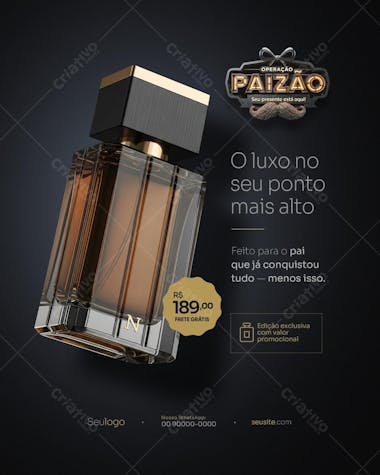 Elegant and sophisticated Father's Day banner design featuring a 3D perfume bottle with gold details against a dark background. Brown and gold color scheme. Perfect for perfumeries, e-commerce stores, and marketing campaigns targeting men.