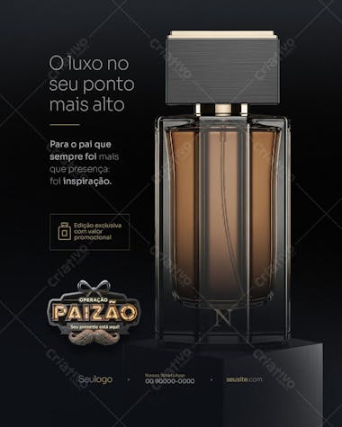 High-quality Editable PSD mockup for Father's Day, featuring a luxurious men's perfume in shades of brown and gold. Perfect for advertisements, social media, and digital marketing. Ideal for perfumeries, online stores and luxury brands. Create impactful marketing materials.