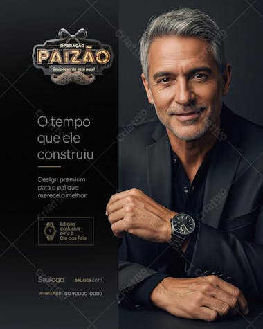 Sophisticated Father's Day flyer template featuring a mature man wearing a watch. Dark color scheme, ideal for promoting gifts and deals. Target audience: gift shops, jewelers, and luxury brands.  High-quality, easily editable PSD file.