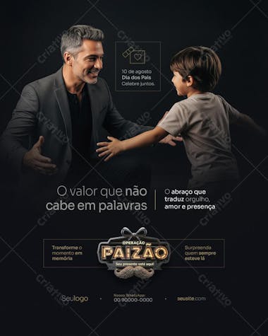 Elegant dark-themed Father's Day flyer featuring a heartwarming image of a father and son embracing. Perfect for marketing campaigns, social media, and print. Target audience: businesses and individuals looking to honor fathers.