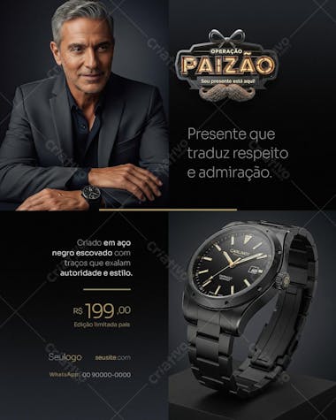 Elegant and sophisticated Father's Day flyer design in black and gold tones, perfect for promoting men's gifts. Features a high-quality image of a black steel watch, emphasizing luxury and masculinity. Target audience: watch stores, jewelers, and e-commerce businesses.
