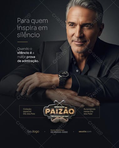 Elegant dark-toned design featuring a mature, well-dressed man. Perfect for Father's Day campaigns, emphasizing sophistication and admiration. Target audience: luxury brands, watches, gifts.