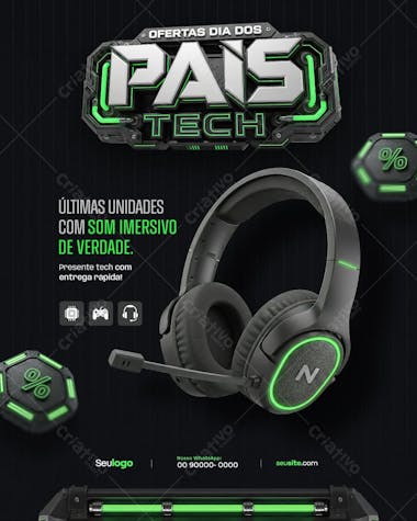 Modern and futuristic Father's Day flyer design. Predominant colors: black and neon green. Features a gamer headset, perfect for promoting tech sales. Target audience: gamer fathers and tech stores. Ideal for online and print marketing.