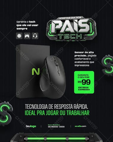 Father's Day tech flyer with a modern and edgy design. Predominant colors: black and neon green. Perfect for promoting electronics sales. Target audience: electronics stores, gamers, and tech-savvy fathers.