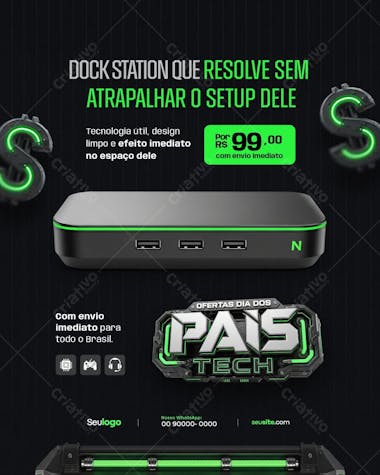Futuristic gamer dock station PSD with neon green and black color scheme. Cyberpunk style design perfect for promoting tech products and services. Target audience: gaming stores, e-commerce sites, and influencers.
