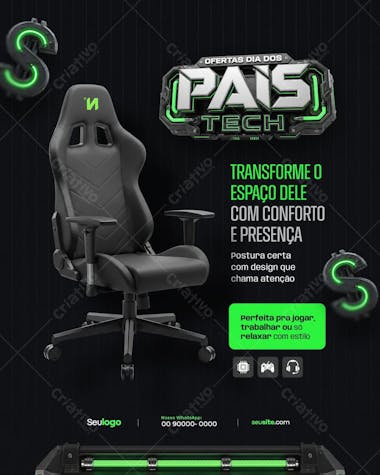 Modern and elegant Father's Day banner template featuring a high-quality black gaming chair. Perfect for targeting electronics stores, gift shops, or online businesses. Predominant colors are black and neon green. Ideal for promoting gifts for gamers or work-from-home dads.