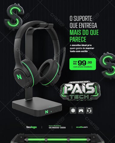Professional Father's Day banner featuring a black and neon green gamer headset. Perfect for electronics stores, e-commerce websites, and social media marketing. Create your campaign with this editable PSD.