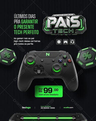 Modern and elegant Father's Day flyer with a tech theme. Predominantly green and black colors, featuring videogame controller images and futuristic elements. Perfect for electronics, gaming, and gift shops.