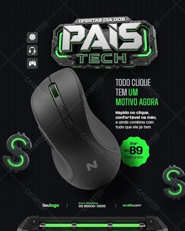 Modern and sophisticated Father's Day flyer featuring a black gamer mouse with neon green accents. Perfect for electronics stores, e-commerce, and marketing campaigns. Target audience: modern men and gamers.