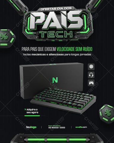 Father's Day tech flyer with a futuristic and modern design. Predominantly neon green and black colors. Great for electronics, gaming, and tech stores looking to target male audiences interested in innovative, high-performance products. Perfect for marketing campaigns and promotions.