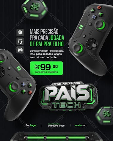 Modern and stylized Father's Day flyer with a gamer theme. Predominant colors: black and neon green. Features two realistic game controllers, creating an atmosphere of high technology and action. Ideal for game stores, e-commerces and online promotions.
