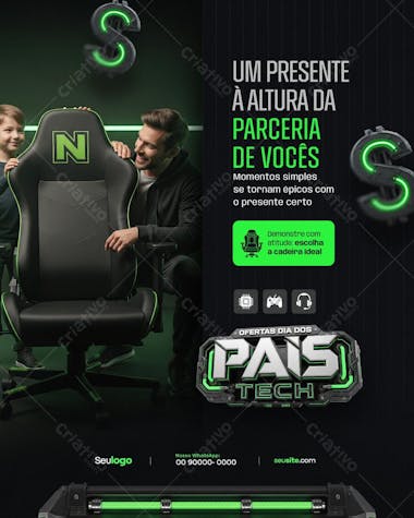 Modern Father's Day flyer design with green and black color scheme. Showcases a father and son with a high-quality gaming chair. Perfect for electronics stores or gift shops.