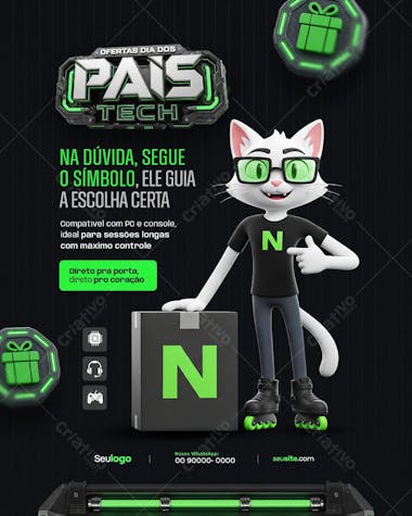 Green and black banner featuring an anthropomorphic cat on roller skates wearing glasses. Modern and fun style, perfect for tech stores. Target audience: fathers and tech companies.