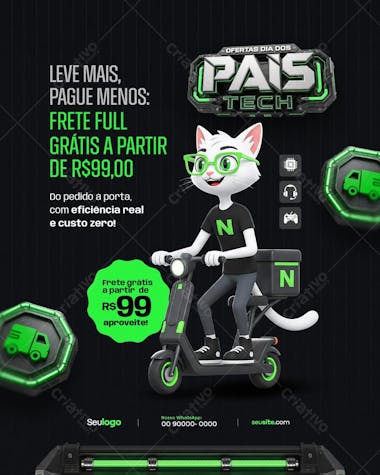 Modern flyer design in green and black. Features a stylized cat on a scooter delivering a package, representing free shipping. Perfect for e-commerce businesses and online stores wanting to advertise free shipping promotions. Target audience: online shops, e-commerce.