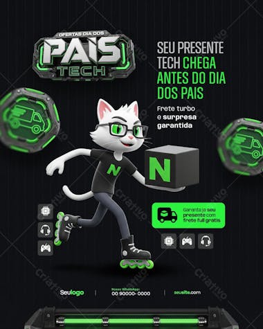 Modern and fun Father's Day flyer with a tech theme. Neon green and black colors, futuristic style. 3D character of a cat on roller skates delivering a package. Target audience: electronics stores, gaming, technology.