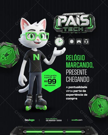 Modern and fun Father's Day flyer featuring a stylized cat wearing roller skates and glasses. Neon green and black create a techy and youthful vibe. Perfect for electronics, gaming, or gift stores.