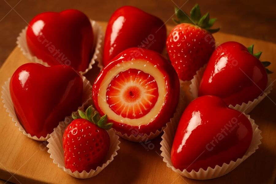 Doces em formato de coração com morangos