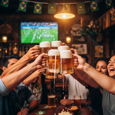 Amigos brindando com chopes em bar