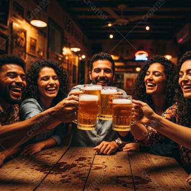 Amigos brindando com cerveja em bar noturno