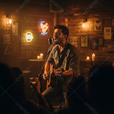 Músico tocando violão em bar aconchegante
