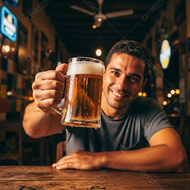 Homem sorrindo com caneca de cerveja em bar