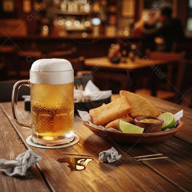 Chopp gelado com pastel e limão em bar