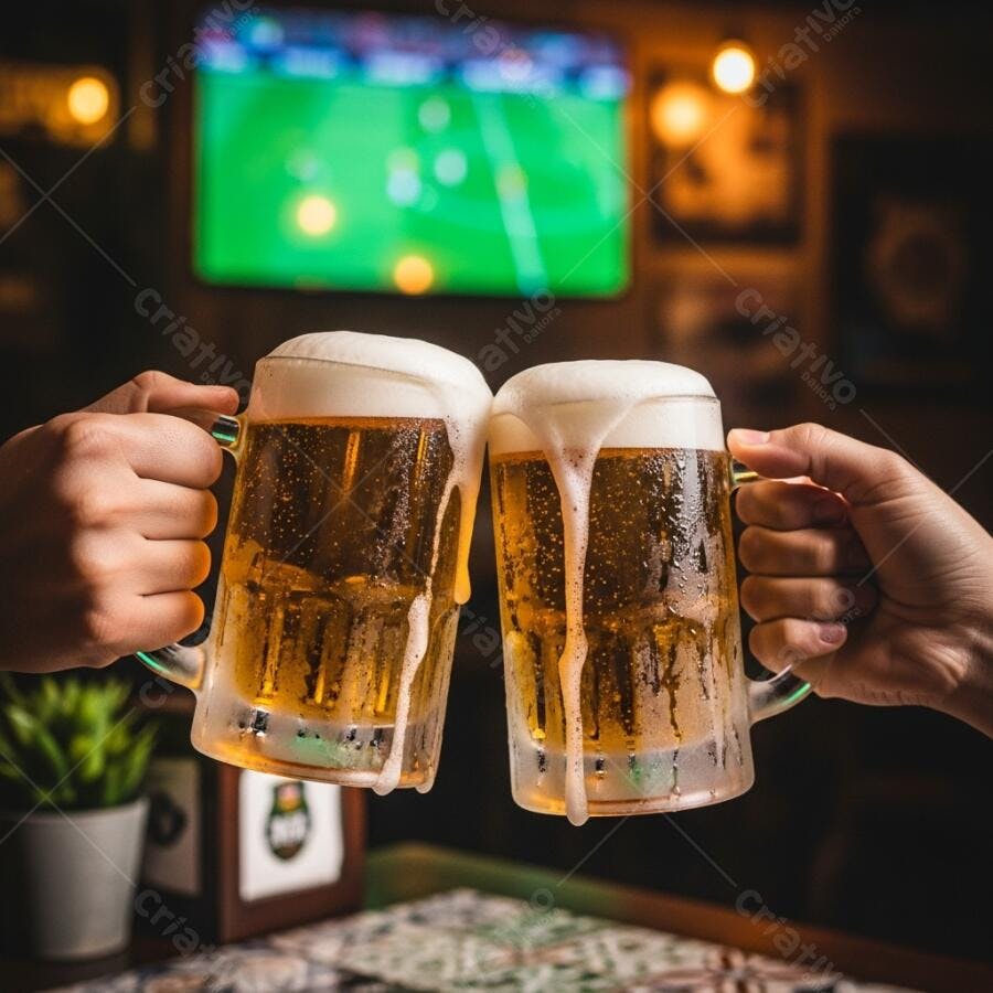Choque de canecas de cerveja gelada em bar