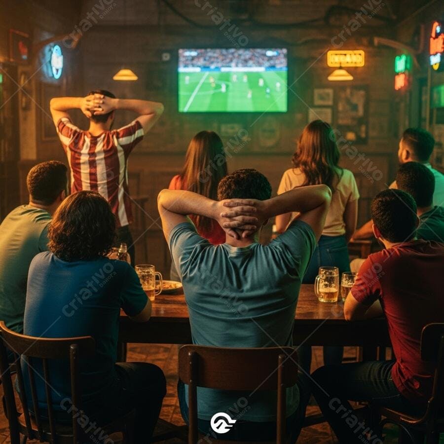 Amigos assistindo jogo em bar noturno