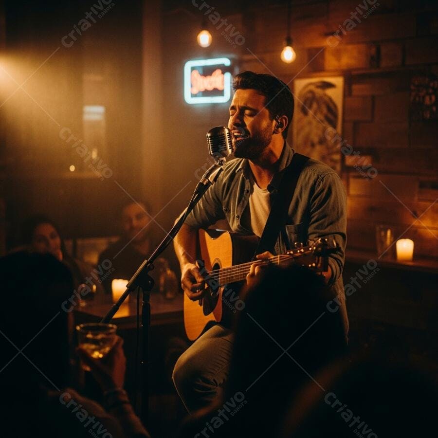 Músico cantando e tocando violão em bar aconchegante