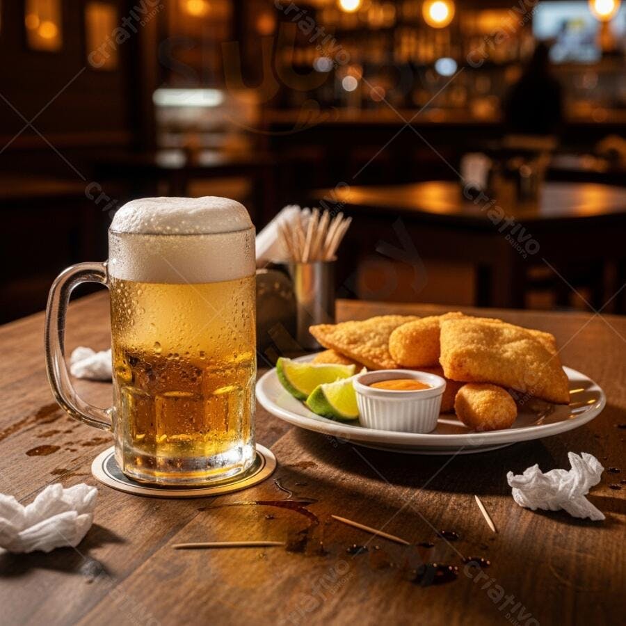 Chopp gelado com pastel e bolinha de queijo
