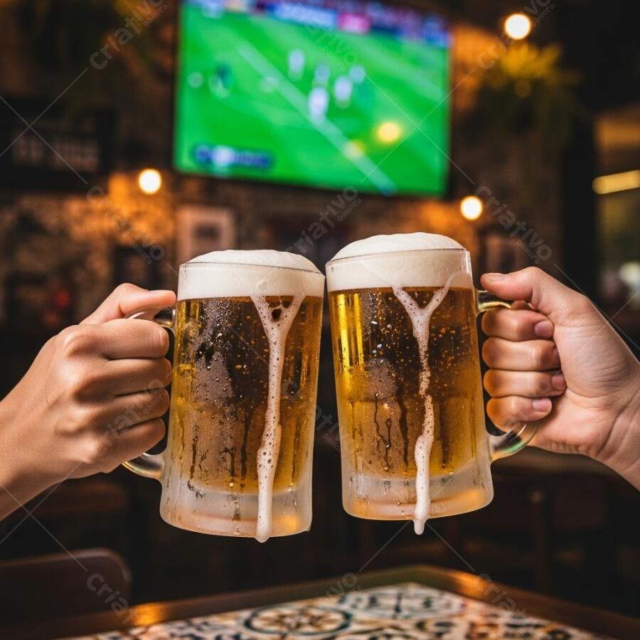 Chopp gelado brindando em bar com TV