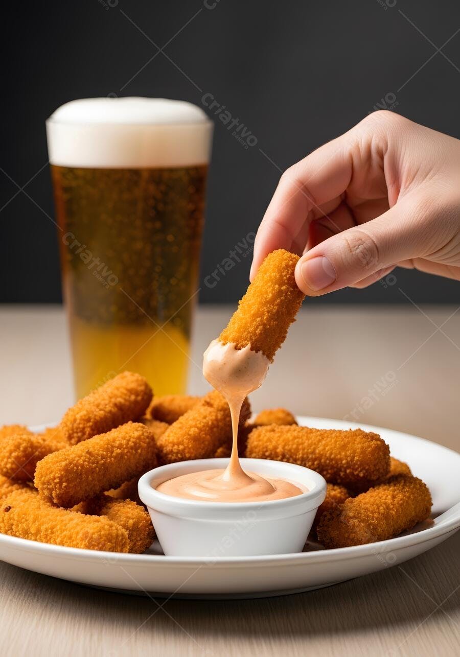 Palitos de queijo com molho e cerveja
