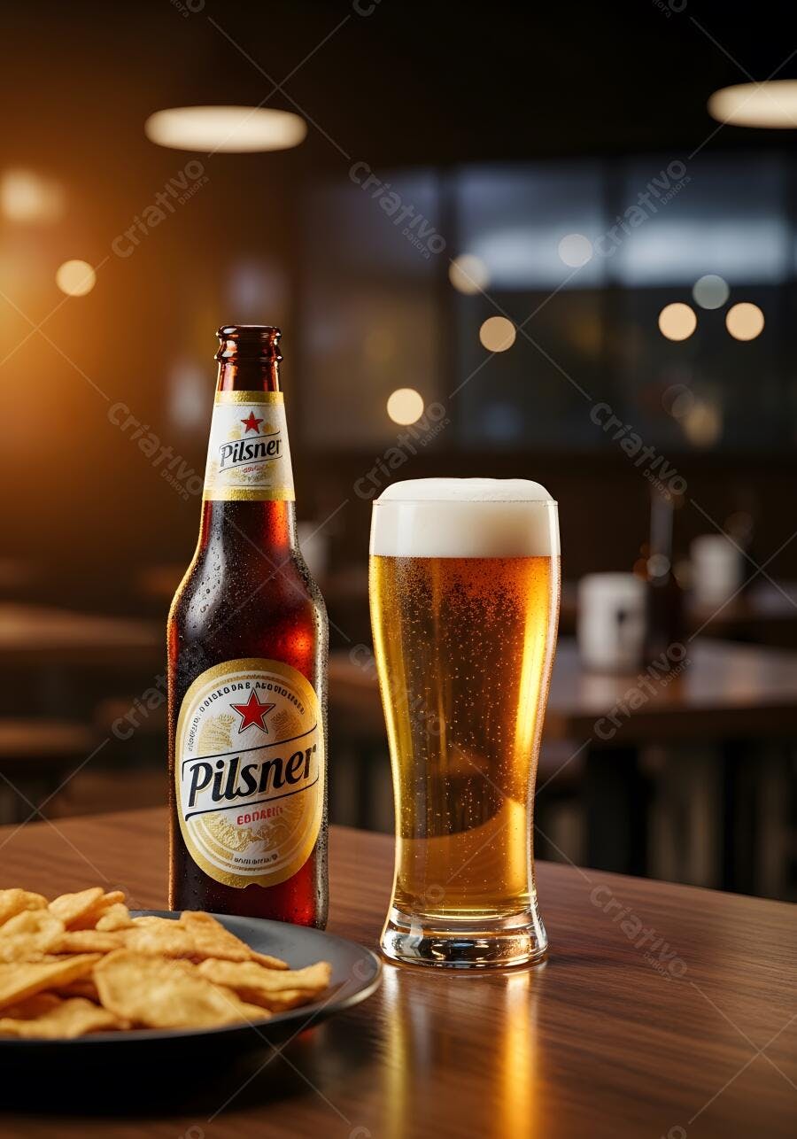 Garrafa e copo de cerveja Pilsner com nachos