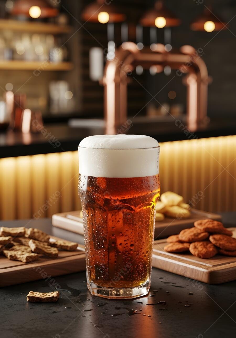 Chope gelado com petiscos em bar