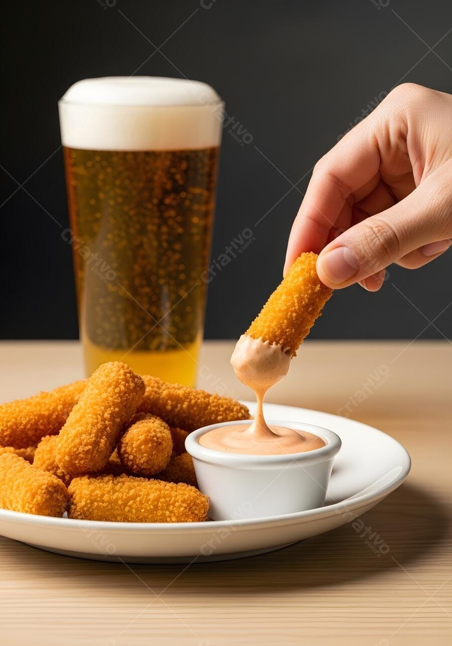 Palitos de queijo com molho e cerveja
