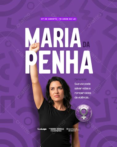 Purple flyer with a modern design celebrating Women's Day and the 19th anniversary of the Maria da Penha Law. Image of a woman with her fist raised, representing strength and empowerment. Ideal for awareness campaigns against domestic violence.