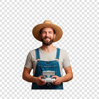 High-quality PNG image of a smiling farmer with a beard, wearing a straw hat and denim overalls, holding a drone remote.  Perfectly transparent background for easy use in any project. Neutral colors and clean style. Ideal for websites, social media and marketing.